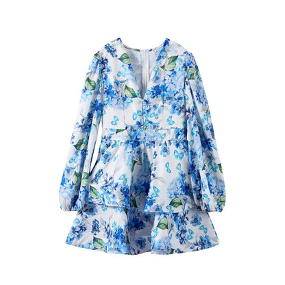 3D Flower Print Lace-Up Backless Mini Dress