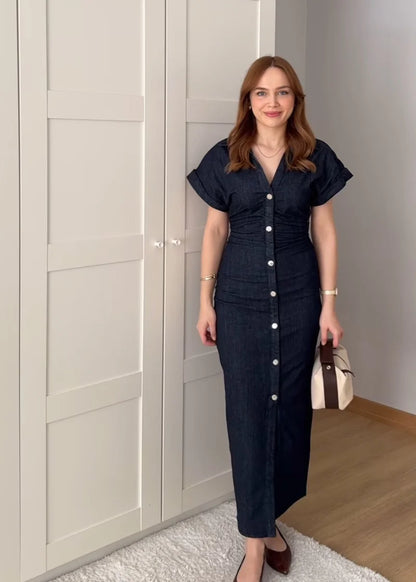 Denim Midi Dress V-Neck Side Zipper Short Sleeve Slim Elegant