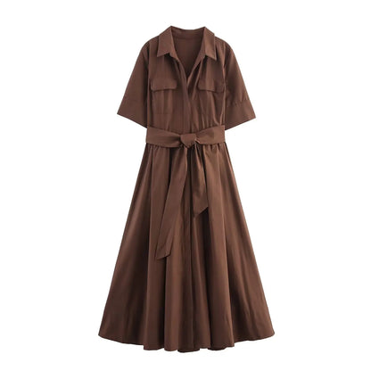Women's Lapel Shirt Midi Dress with Belt