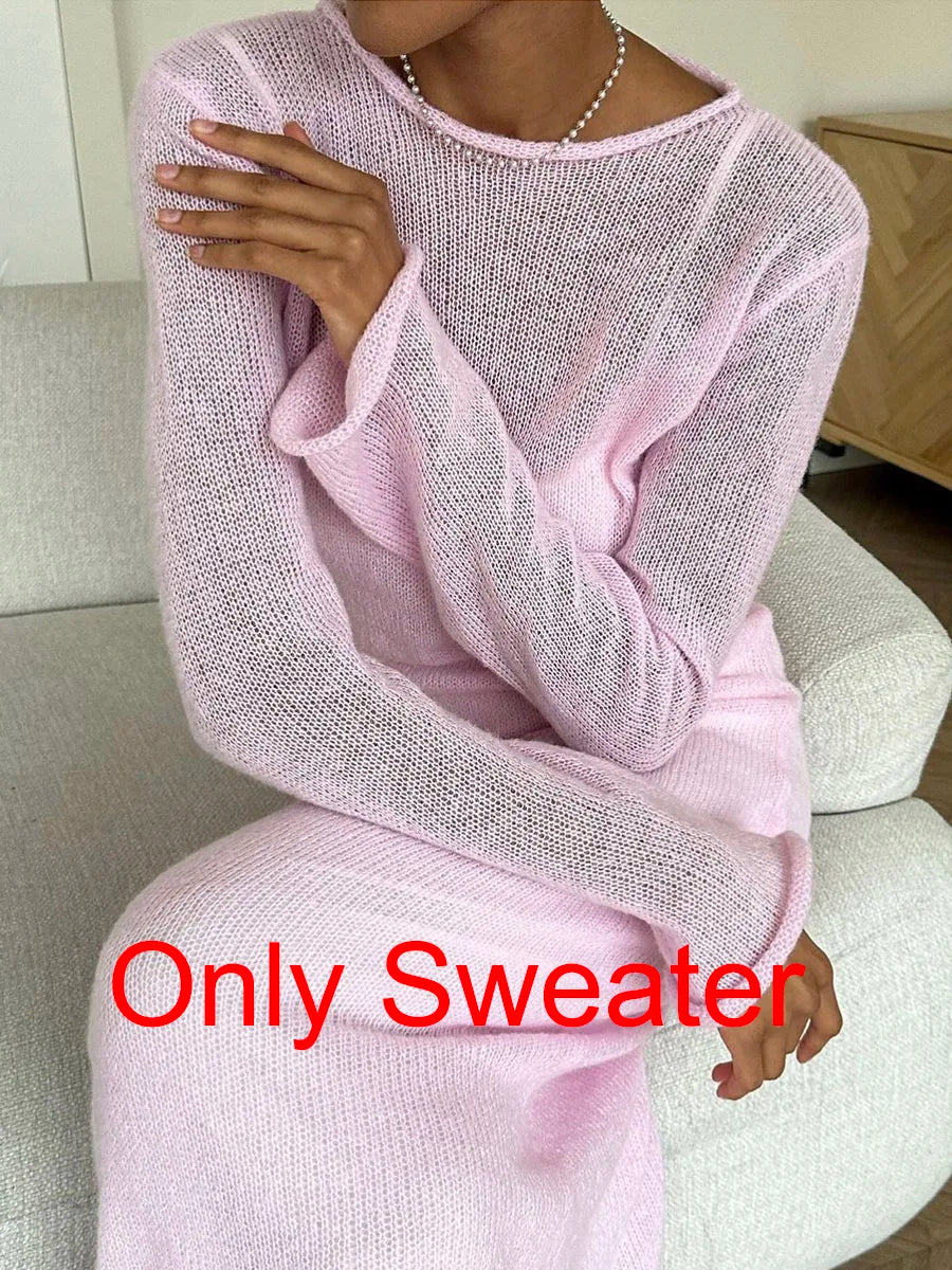 Knit Sweater Midi Dress Round Neck Long Sleeve Loose Hollow-Out