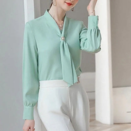 Women's Bow Tie Collar Blouse - Long Sleeve Casual Top