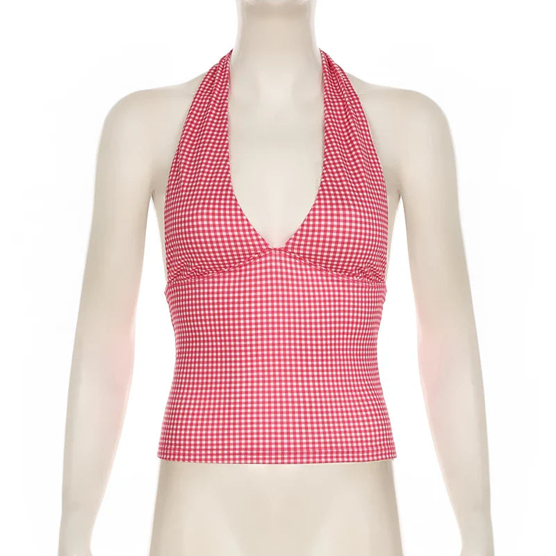 Heart Printed Halter Neck Tank Tops Women Sweet Sleeveless V-Neck Vest Y2k Slim Crop Tops Coquette