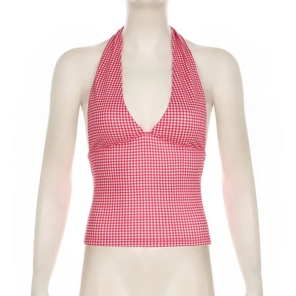 Heart Printed Halter Neck Tank Tops Women Sweet Sleeveless V-Neck Vest Y2k Slim Crop Tops Coquette