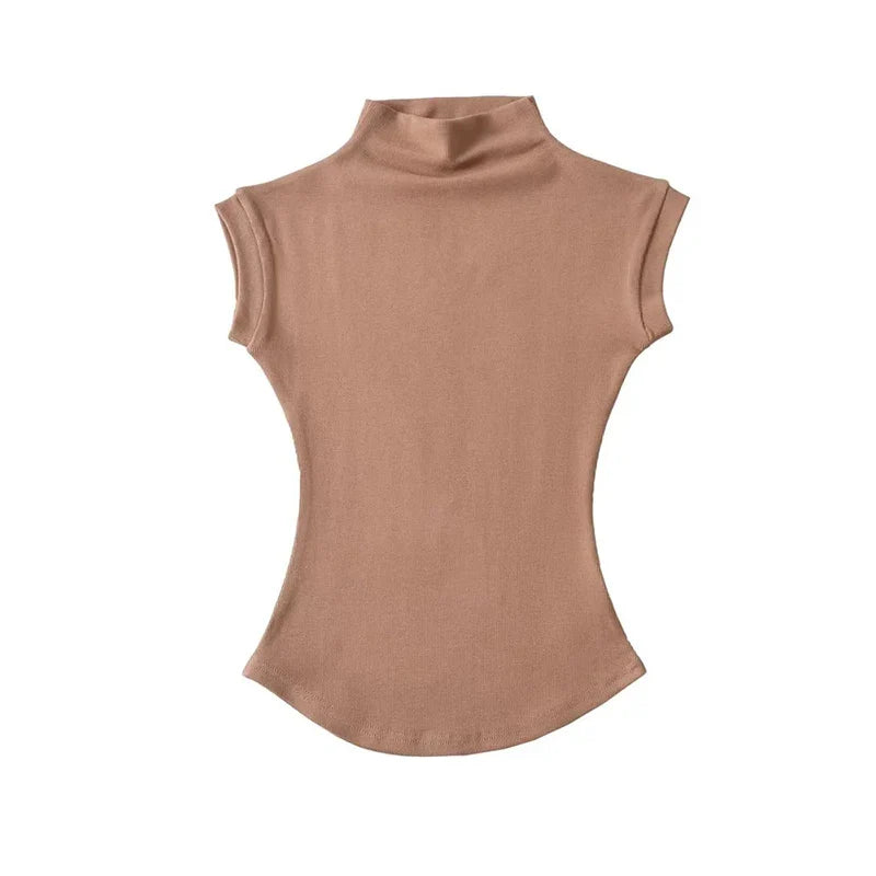 Turtleneck Sleeveless Slim Solid Stretch Tee
