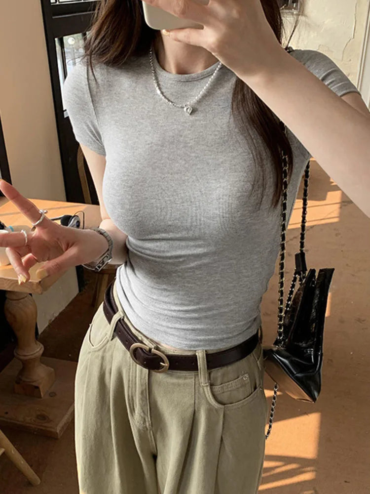 Crew Neck Short Sleeve Slim Solid Crop Tee