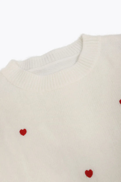 Women's Cream Red Heart Embroidered Oversized Knit Sweater