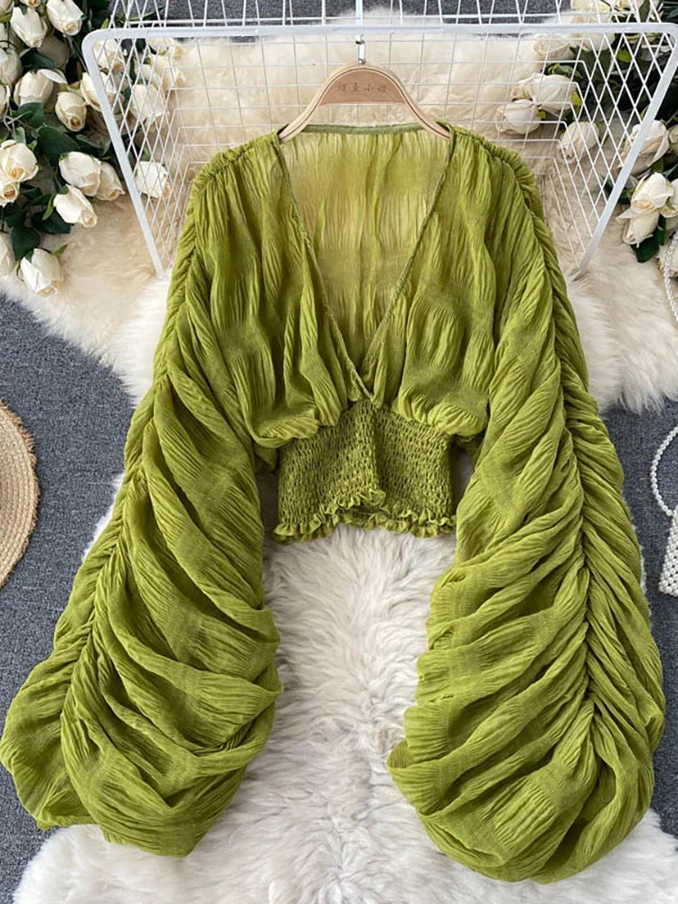 V-Neck Puff Sleeve Draped Chiffon Top
