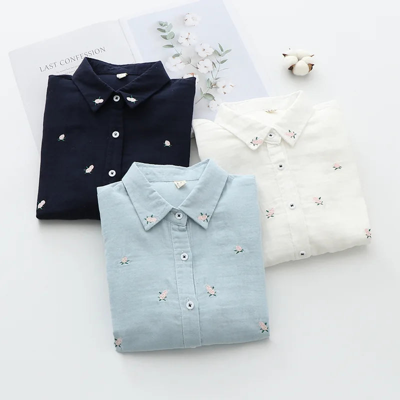 Women's Embroidered Cotton Shirt - Long Sleeve Floral Blouse