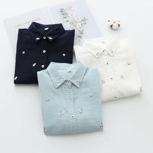 Women's Embroidered Cotton Shirt - Long Sleeve Floral Blouse
