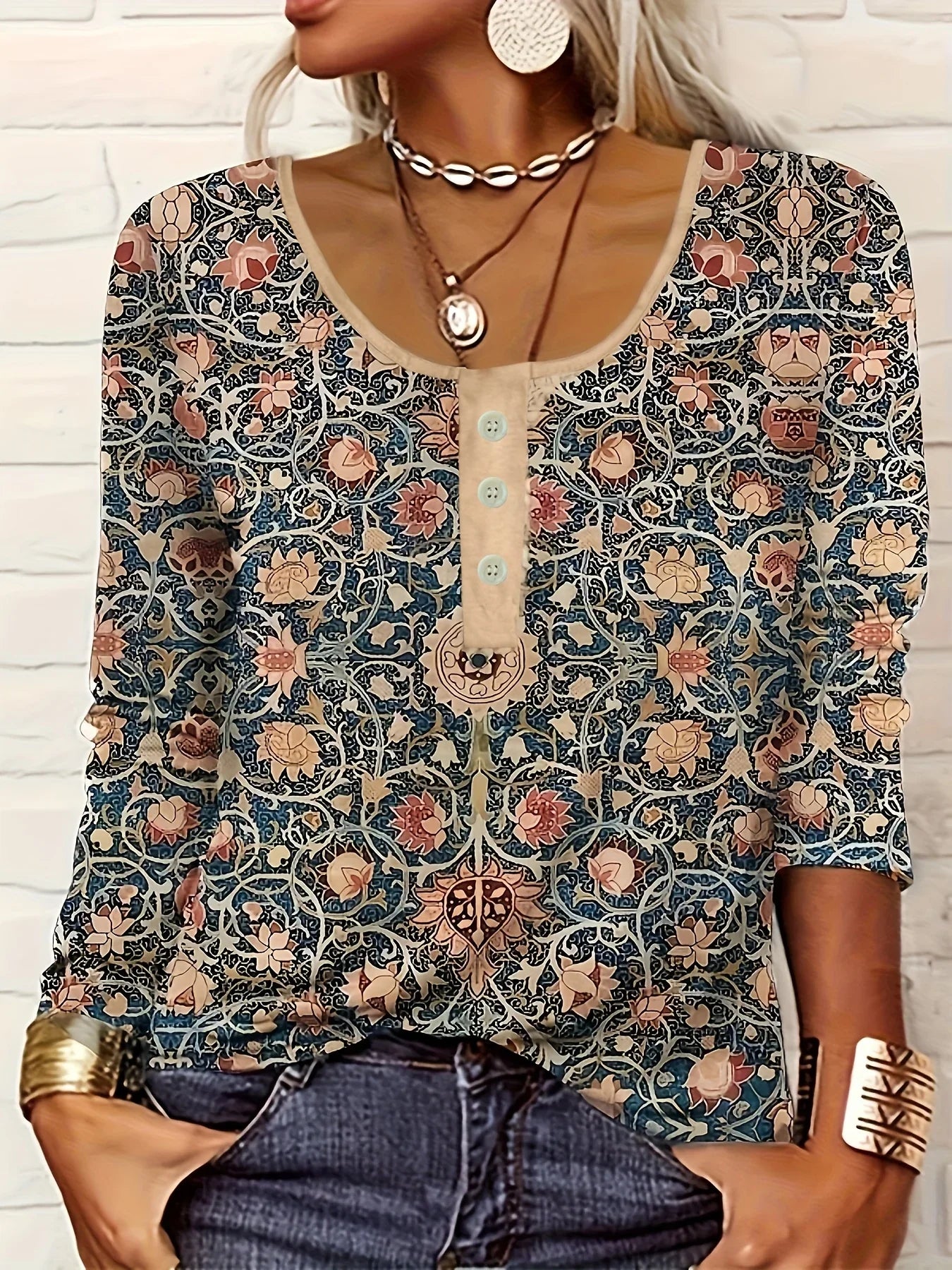 Women's Ethnic Print Long-Sleeve Top