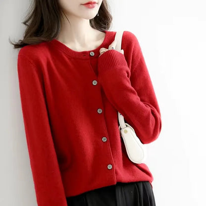 Women's Knitted Cardigan Sweater - O-Neck Button-Up Top