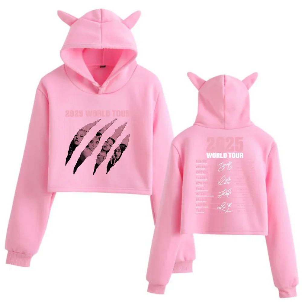 Round Neck Hooded Cropped Top Long Sleeve Regular Fit with Drawstring