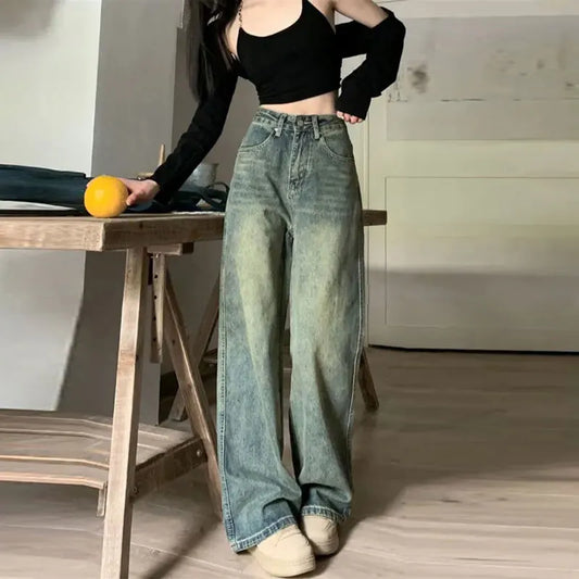 High Waist Wide Leg Jeans Vintage Straight Ankle Length Slimming