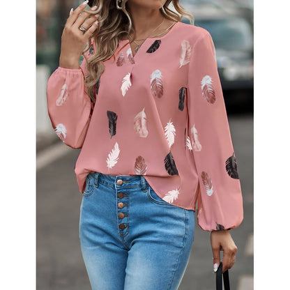 Temperament Elegant V-neck Feather Painting Printing Long Sleeve Loose T-shirt Flare Sleeve Women's Tops