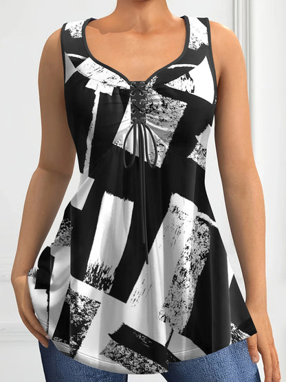 Women's Colorblock Lace-Up V-Neck Tank Top