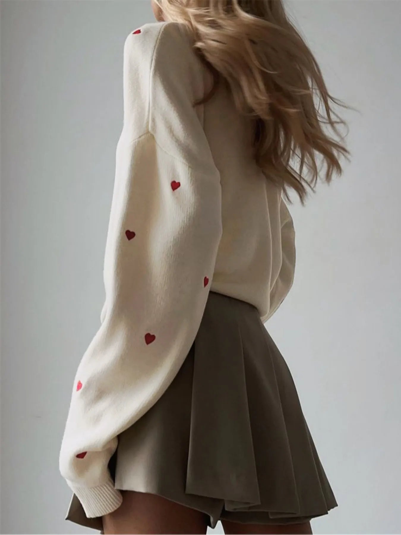 Women's Cream Red Heart Embroidered Oversized Knit Sweater