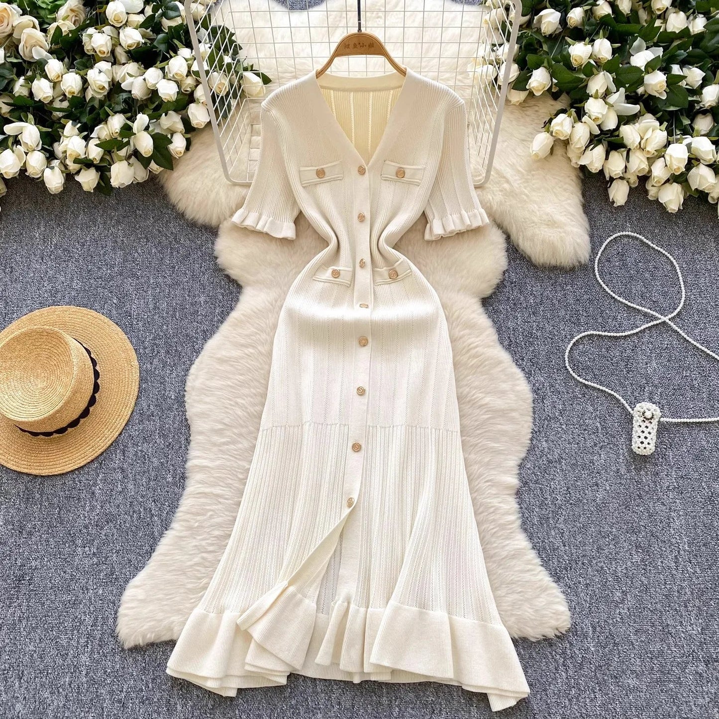 V-Neck Button Ruffle Knit Midi Sweater Dress