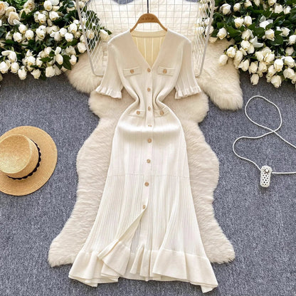 V-Neck Button Ruffle Knit Midi Sweater Dress