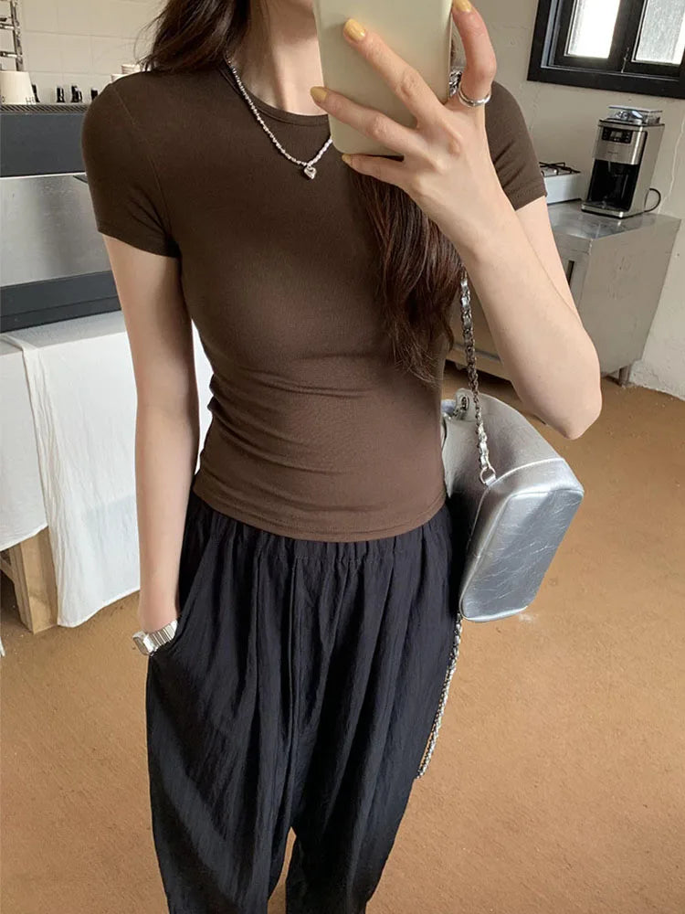 Crew Neck Short Sleeve Slim Solid Crop Tee