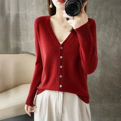 Women's V-Neck Knitted Cardigan - Loose Fit Button-Up Sweater