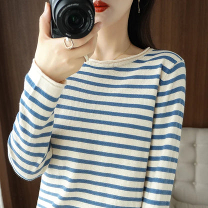 Round Neck Striped Cotton Sweater Long Sleeve Regular Fit Pullover