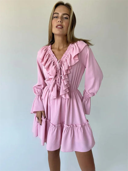 Talenza White Ruffle Bandage Mini Dress Women's Elegant Patchwork Long Sleeve Dress New Slim V Neck Lace Up Summer Mini Dress