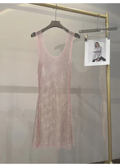 Sexy Sleeveless Skeleton Glitter Rhinestone Dress Mesh See Through Round Neck Midi Party Dress