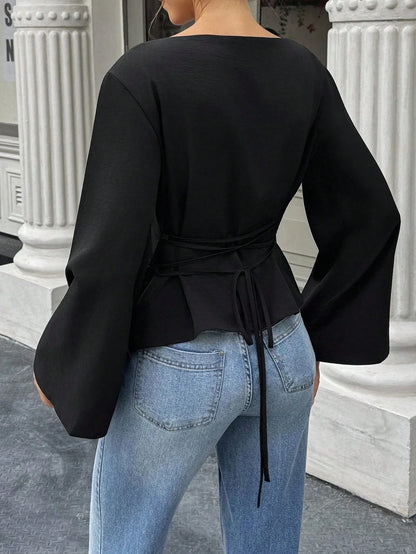 Women's Boat Neck Flare Sleeve Top with Back Tie