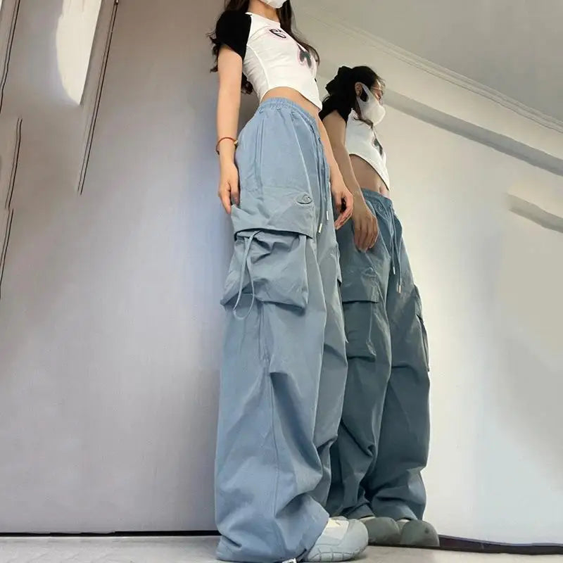 Mid Waist Cargo Pants Loose Fit Big Pockets Elastic Waist Ankle Length