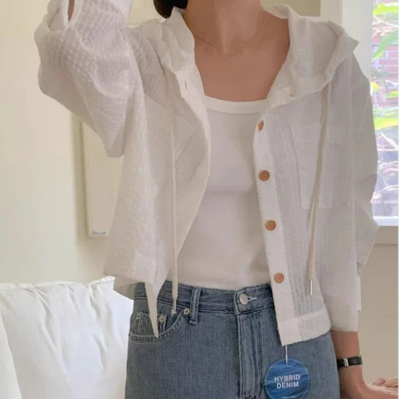 Striped Hooded Single-Breasted Long Sleeve Loose Shirt