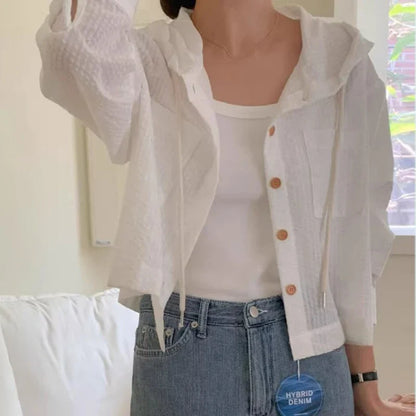 Striped Hooded Single-Breasted Long Sleeve Loose Shirt
