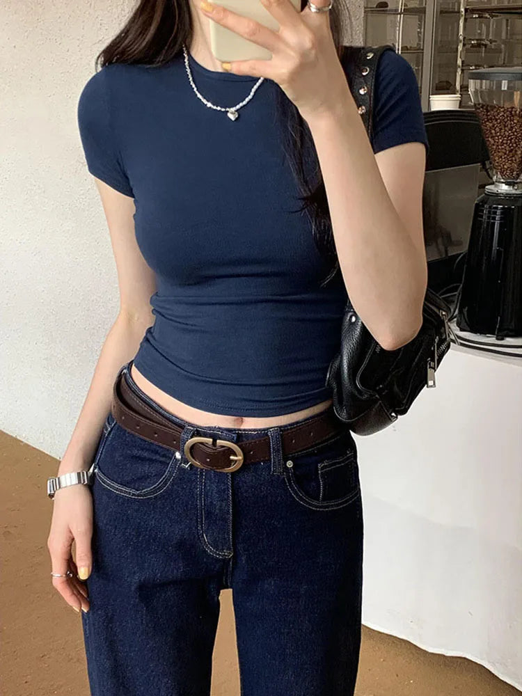 Crew Neck Short Sleeve Slim Solid Crop Tee