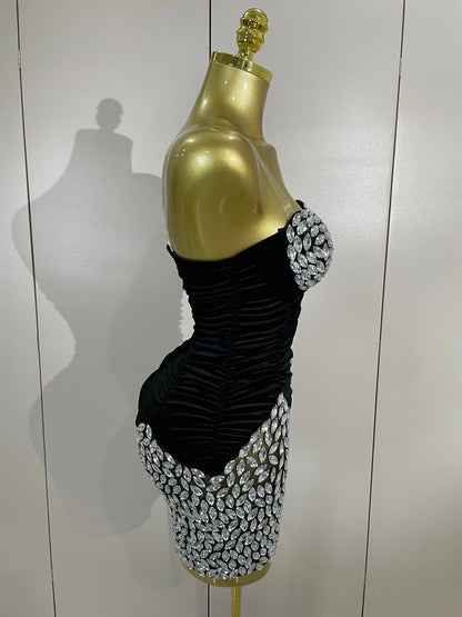 Women's Sparkly Diamond Mesh Velvet Mini Dress