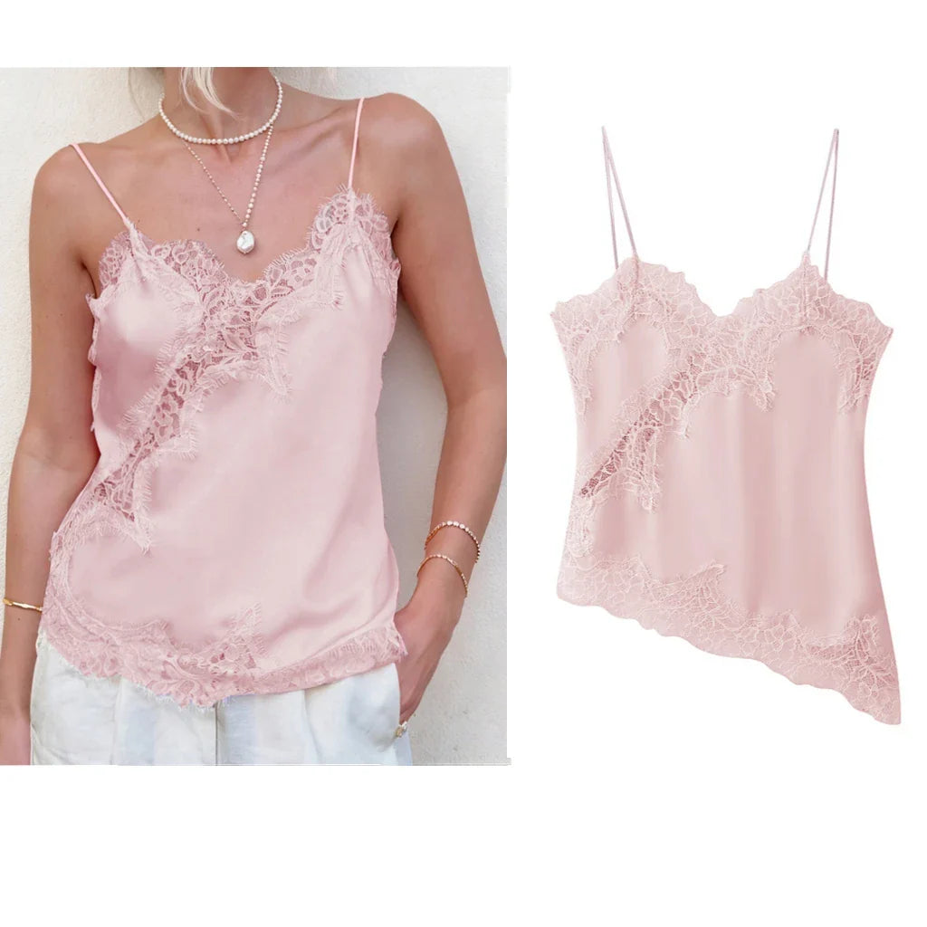 Combhasaki Women Floral Lace Trim Satin High Low Vest Silk Spaghetti Strap Side Split Asymmetrical Cami Flowy Silky Layering Top