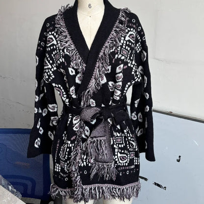 Women's Geometric Print Cardigan - Tassel Patchwork Knit Sweater