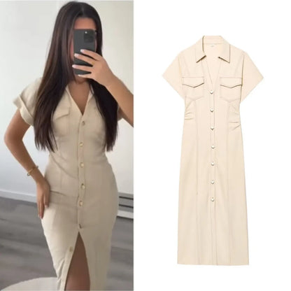 Denim Midi Dress V-Neck Side Zipper Short Sleeve Slim Elegant