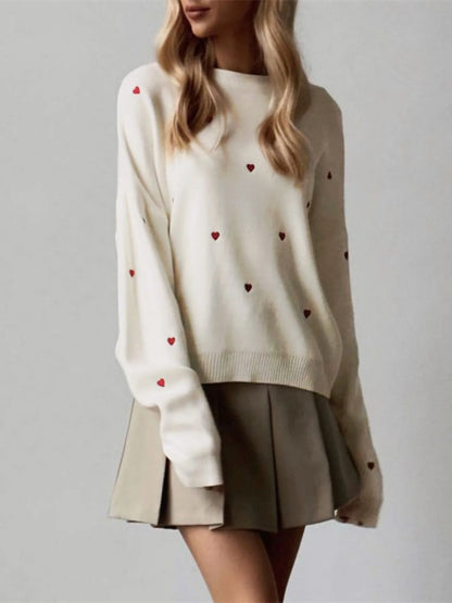 Women's Cream Red Heart Embroidered Oversized Knit Sweater