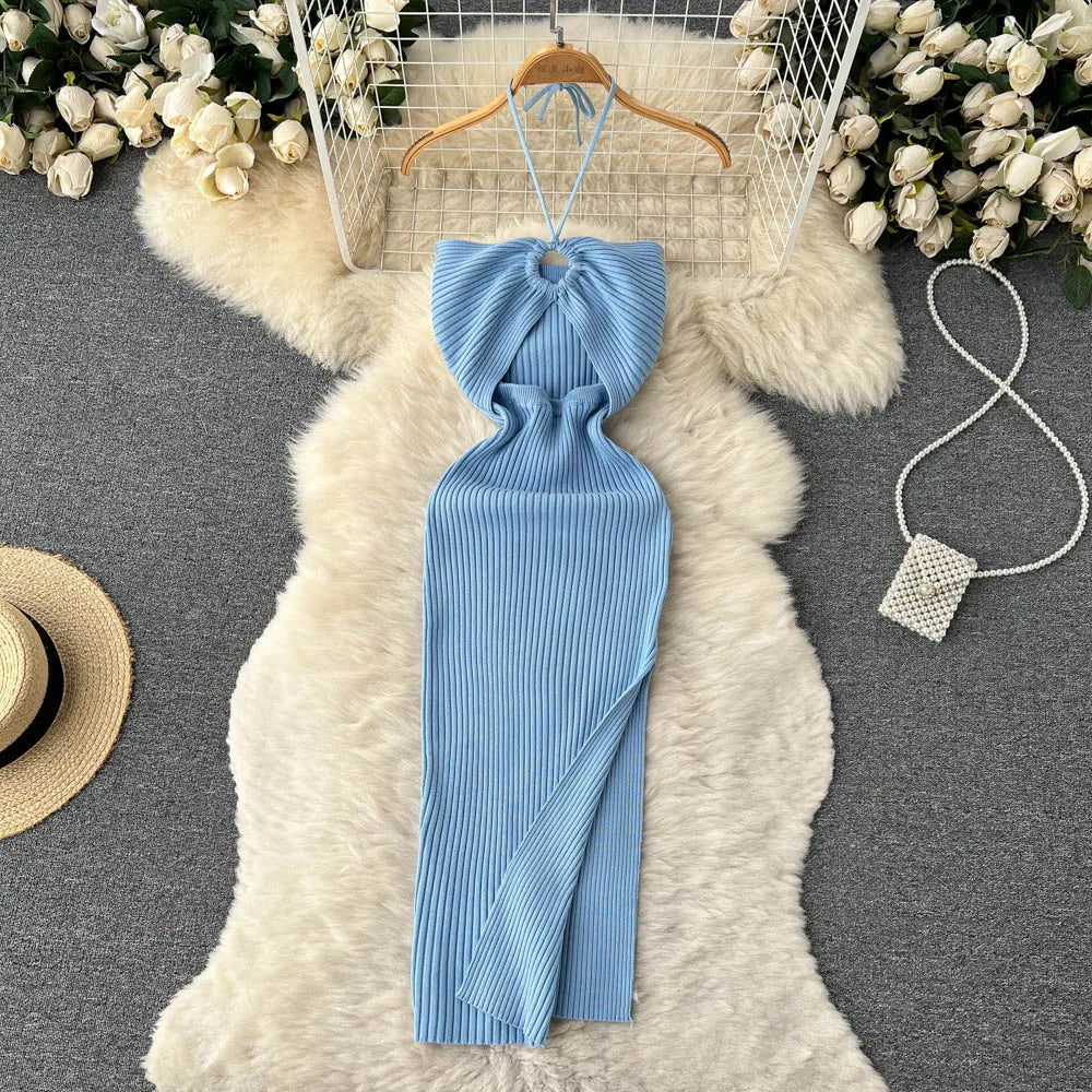 YuooMuoo Chic Fashion Sexy Package Hips Split Knitted Dress Women Slim Elastic Bodycon Party Dress Streetwear Outfit