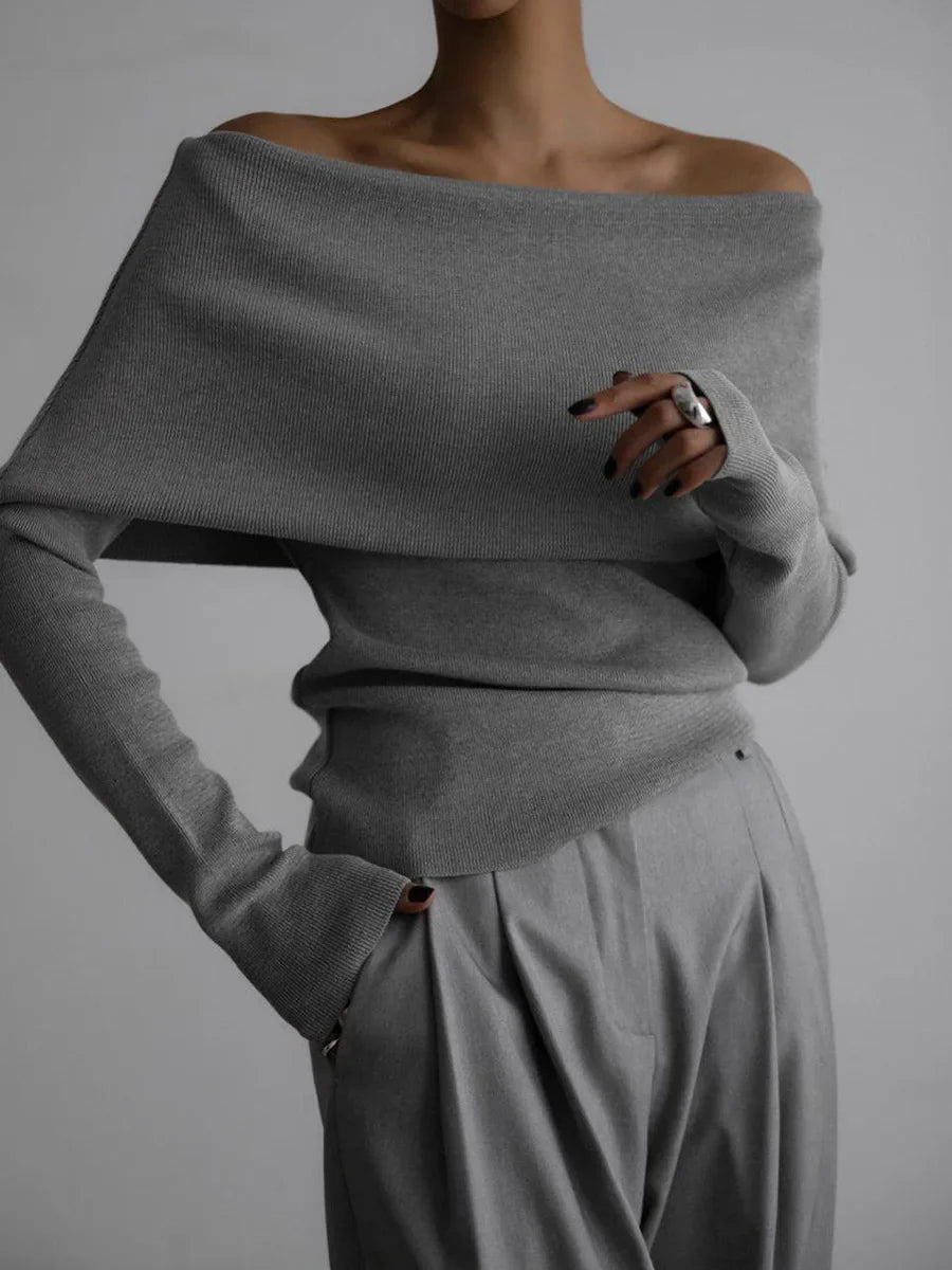 Off Shoulder Knit Sweater Long Sleeve Slim Fit Pullover