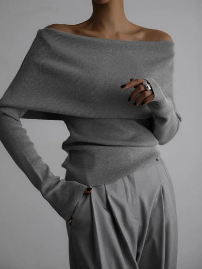 Off Shoulder Knit Sweater Long Sleeve Slim Fit Pullover
