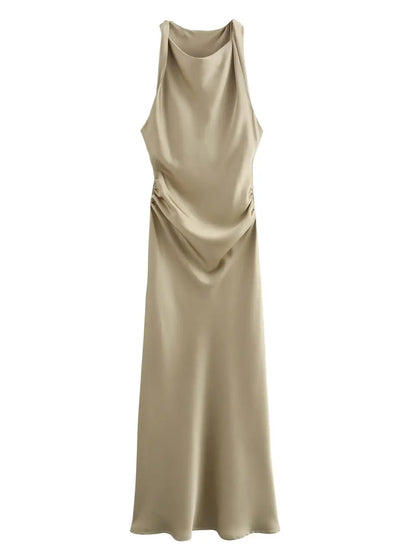 Satin Twisted Armhole Waist Gathered Midi Dress