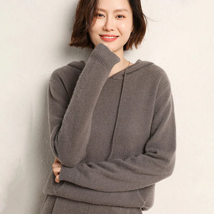 Round Neck Cashmere Hoodie Long Sleeve Slim Fit Pullover with Pocket