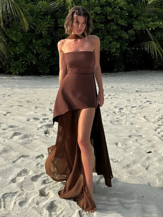 Strapless Mesh Maxi Dress Sleeveless Ribbon Patchwork Beach Vacation