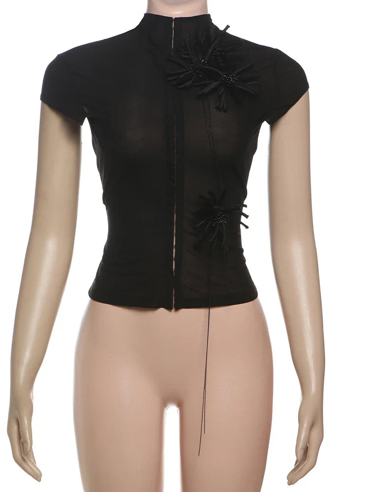 Short Sleeve O-Neck Tassel Applique Single-Breasted Slim Fit Crop Tee Streetwear