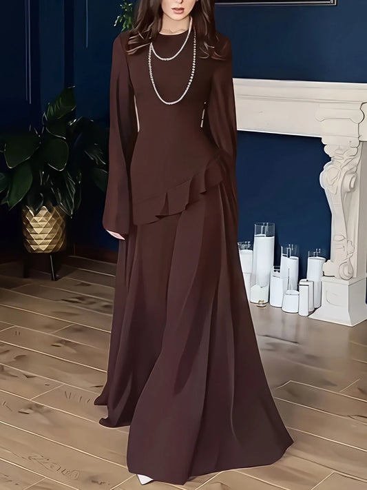 Ethnic Style Elegant Robe Dress Coffee Flared Long Sleeve Round Neck
