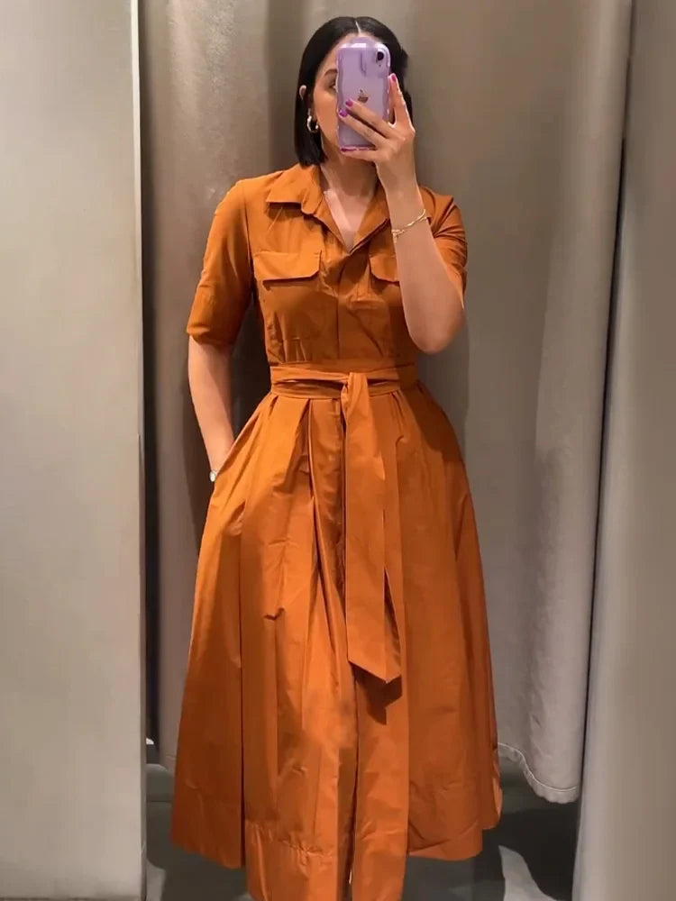 Women's Lapel Shirt Midi Dress with Belt