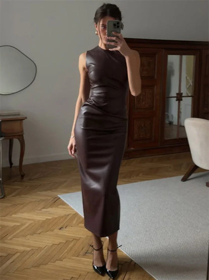 Tossy PU Sexy Fashion Maxi Dress For Women High Waist Sleeveless Slim Patchwork Solid Skinny Streetwear Female Bodycon Dress New