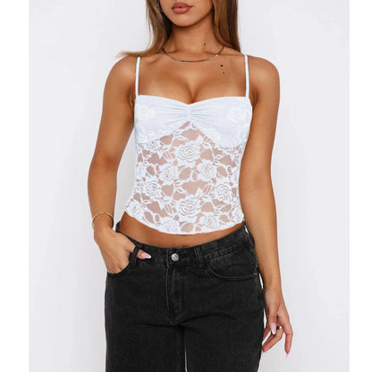 Women's Summer Lace Cami Tops Sleeveless Ruched Front Solid Color Camisole Slim Fit Tank Tops