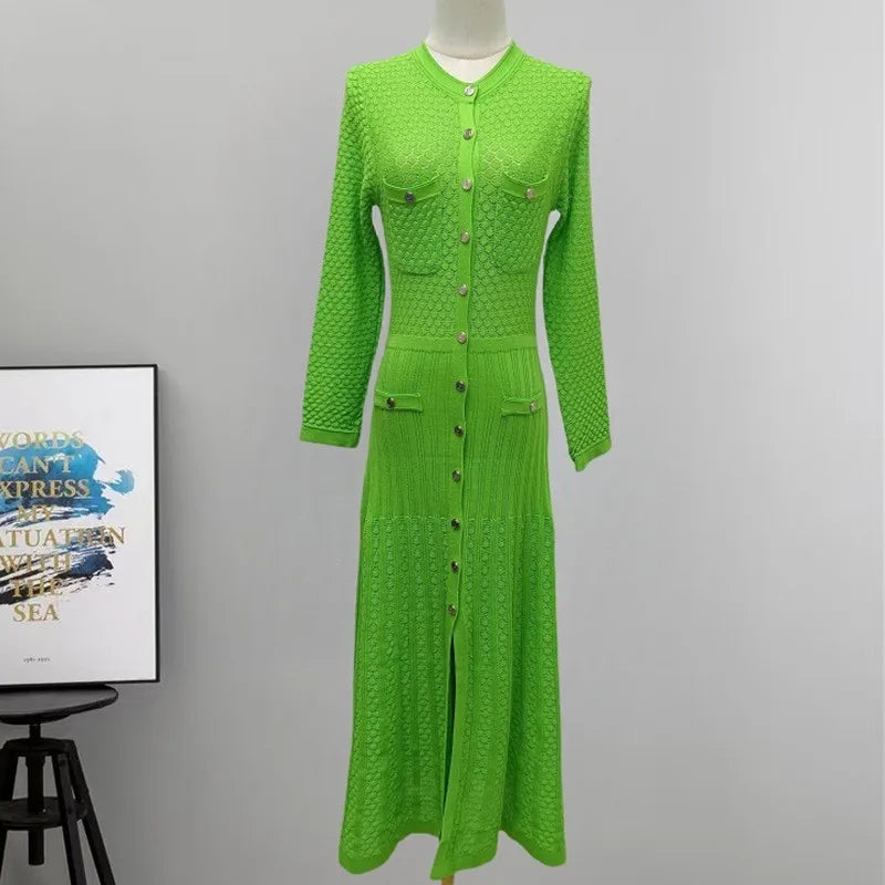 Knitted Midi Dress Round Neck Long Sleeve See-Through Slimming Street Style