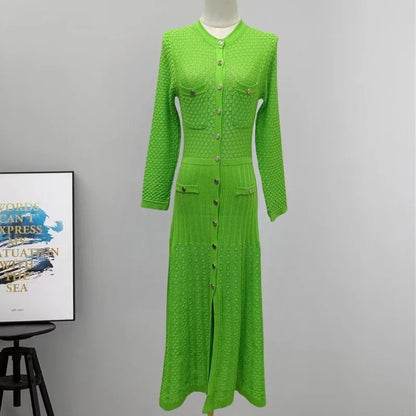Knitted Midi Dress Round Neck Long Sleeve See-Through Slimming Street Style